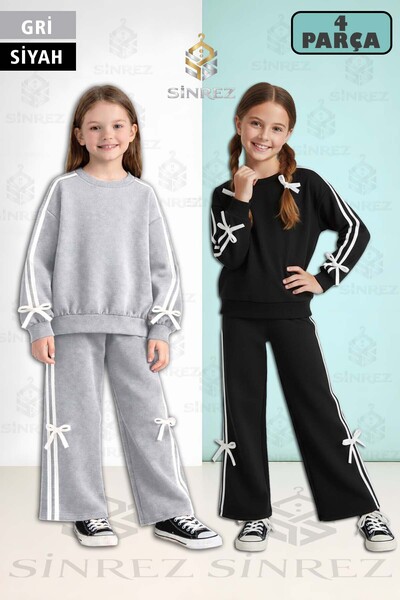 SİNREZ 2Li Ribboned Girls' Crew Neck Bow Detail Tracksuit Set