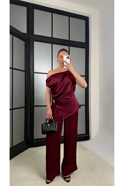 manana fashion Gold Buckled Asymmetrical Cut Special Design Satin Blouse Trou...