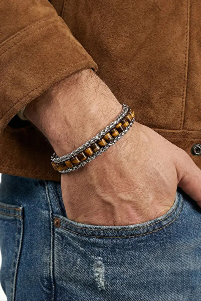 htc gümüş sepeti Kaplan Gözü Doğal Taşlı Hasır Örgü Zincirli Erkek Çelik Bile...