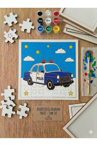 Hobiuniverse Çocuklar İçin Polis Arabası 25 Parça Ahşap Boyama Yapboz Seti