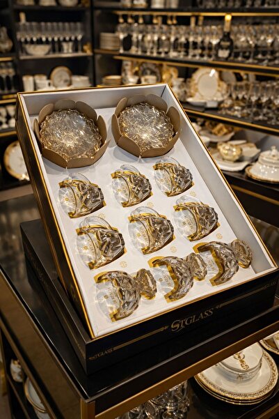 moontime alaçatı 6 Kişilik Kristal Cam Çay ve Çerezlik Seti, Zarif 18 Parça S...