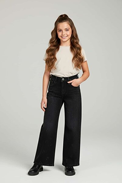 zubi kids Black Stone Embroidered Wide-Leg Jeans (Ages 13-16)