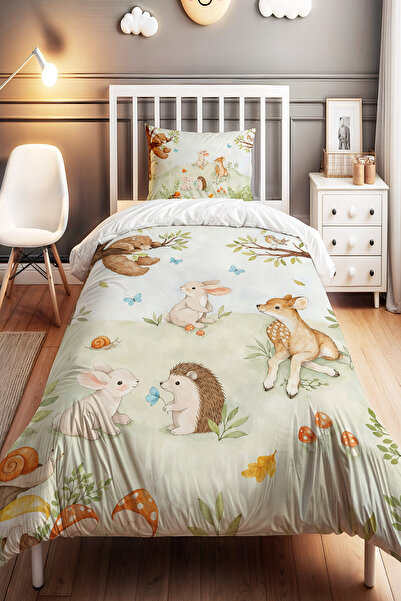 EVPANYA Sevimli Orman Dostları Desenli Tek Kişilik Bebek Çocuk Nevresim Seti