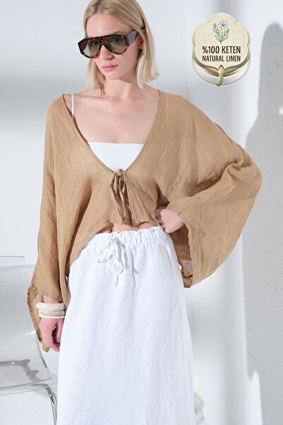 Maule 100% Lan Kimono bluza sa šišmiš rukavima i vezanjem, udobna @Kinos