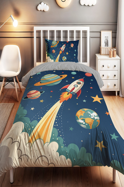 EVPANYA Mavi Uzay Yolculuğu Desenli Tek Kişilik Bebek Çocuk Nevresim Seti