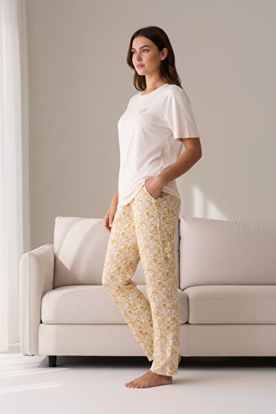 PİJAPİA Γυναικείο κοντομάνικο σετ πιτζάμες ελαστικό ύφασμα τεμαχίων σε μπεζ χ...