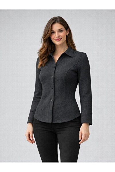 KANİKEY Kadın Slim Fit Kışlık Pamuklu Antrasit Gömlek -GMLK001-SF