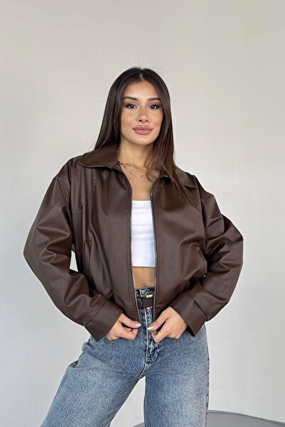 PRİFALDİ Premium Pb Oversized Bomber Elastic Waist Brown D Leather Jacket