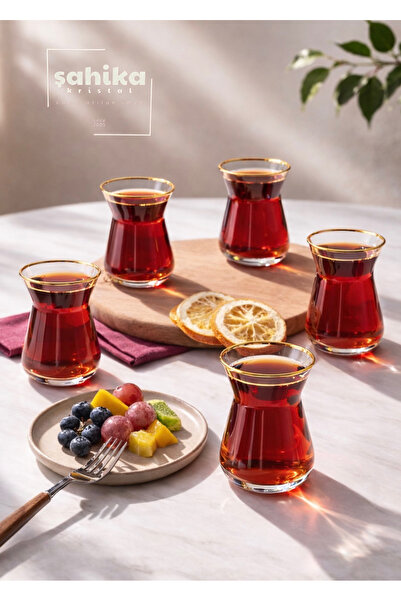 Şahika Kristal cama atılan imza Meri Gold 6’lı Çay Bardağı Seti