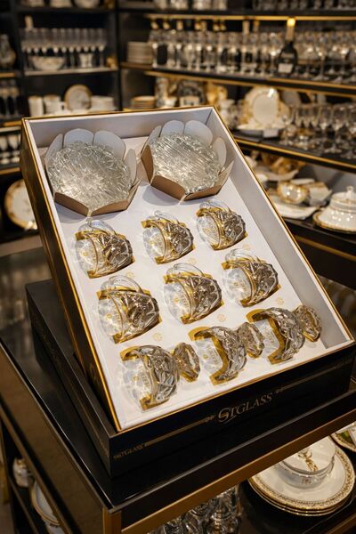 moontime alaçatı 6 Kişilik Kristal Çay Fincan ve Çerezlik Seti, 18 Parça, Alt...