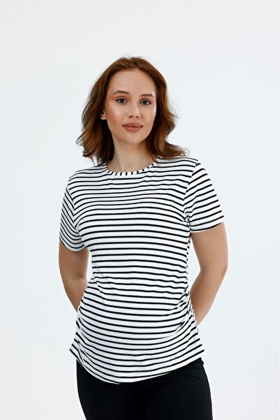 KATLİN MATERNİTY WEAR Maternity Short Sleeve Striped Pattern T-Shirt, Lycra P...
