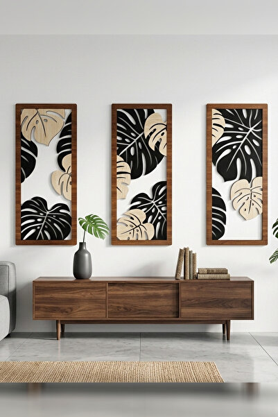Mi Dizayn Ahşap Yaprak Desenli 3pcs Tablo - Hediyelik Modern Doğa Temalı Tablo