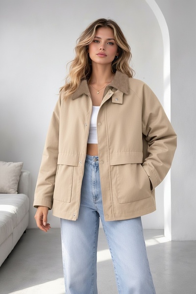 EA LİNE Taş Regular Fit Kadife Yaka ve Çıtçıt Detaylı Unisex Mevsimlik Mont&C...