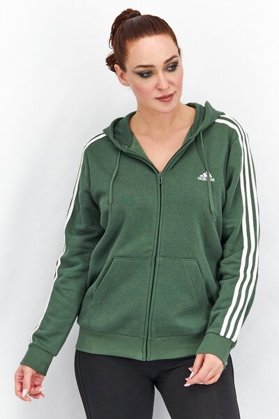 adidas Women Sportswear Fit Long Sleeve 3 Stripe Full Zip Sweatshirt, Green/W...