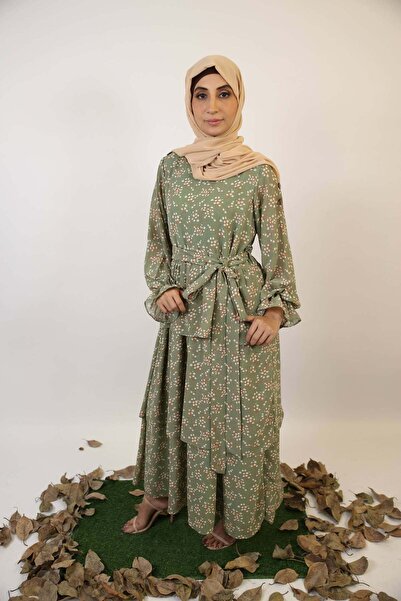 Libas lab Taftah - Timeless Chiffon Lined Green Floral Printed Maxi Dress