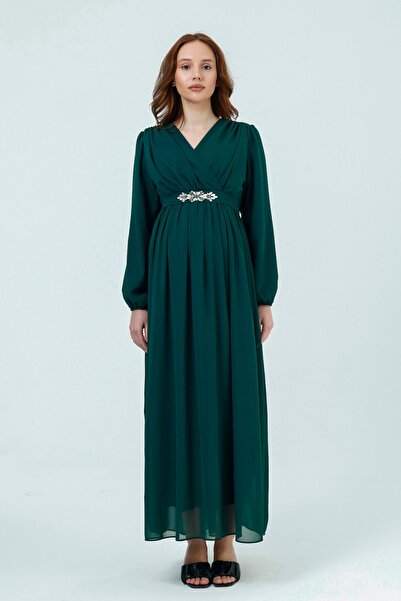 KATLİN MATERNİTY WEAR Maternity a Lined Chiffon Dress, Waist Stone Detailed K...