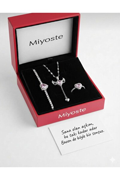Miyoste Pembe Kalp Bileklik Kanatlı Kolye Kalp Yüzük Set Sevgiliye Hediye