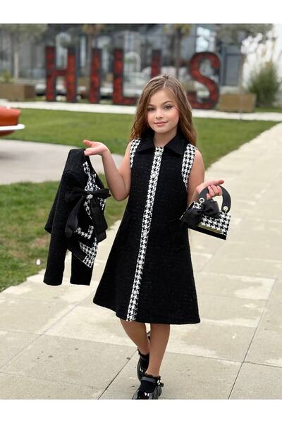 bayona.kids Kız Çocuk 4'lü Stil Takım - Kazayağı Desenli Jile Elbise, Ceket, ...