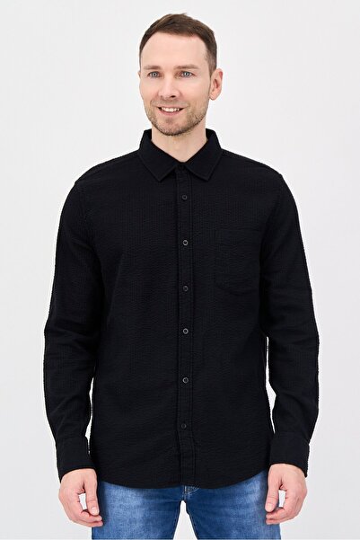 Aeropostale Men Regular Fit Long Sleeve Textured Casual Shirt, Black