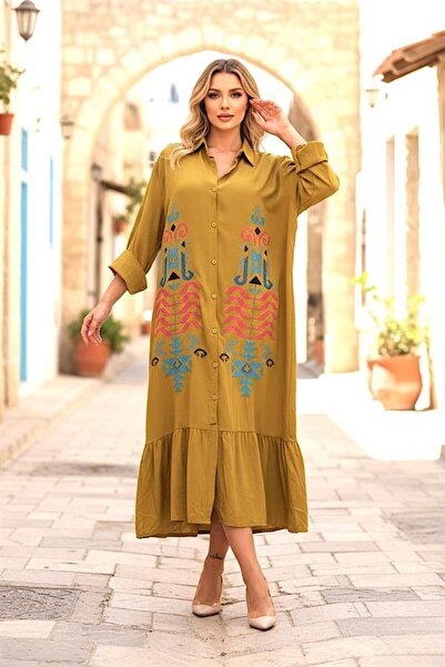 MODANI SEÇ Hardal Rengi Otantik Nakışlı Kolu Apoletli Eteği Fırfırlı Uzun Göm...