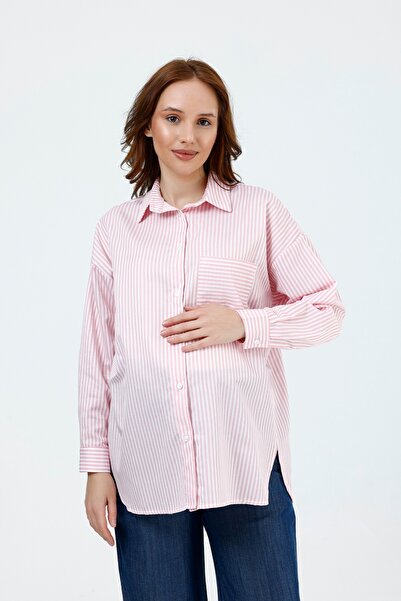 KATLİN MATERNİTY WEAR Maternity Oversized Model Striped Shirt, Single Pockete...