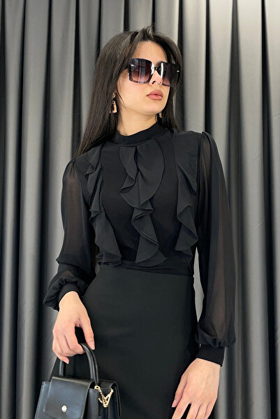 Red Balance بلوزة بأكمام مكشكشة من الأمام تول - أسود