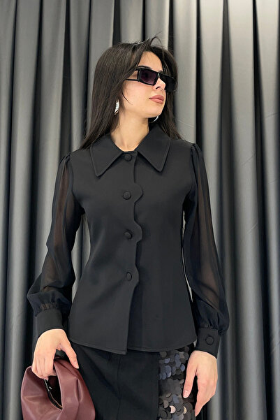 Red Balance Kol Tulle Detailed Covered Buttoned Shirt-Black Black