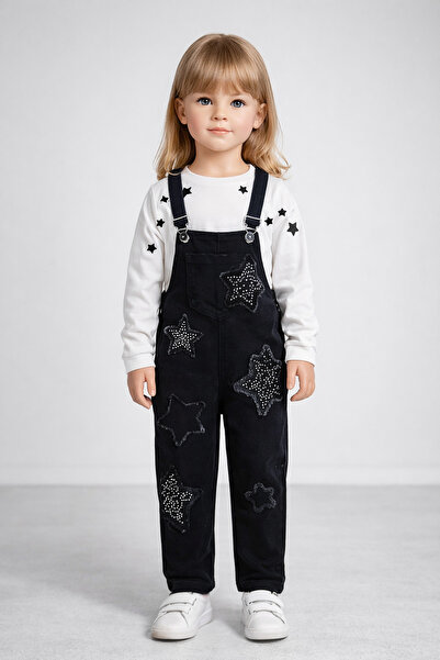 Panpal Bayramlık Kız Çocuk Yıldız Taş Detaylı Kot Salopet Tulum 2-5 Yaş Rahat...