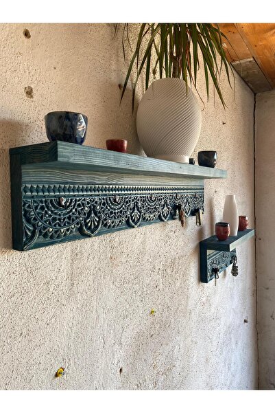Home 2' Li Set Ahşap Oyma Askılıklı Duvar Rafı