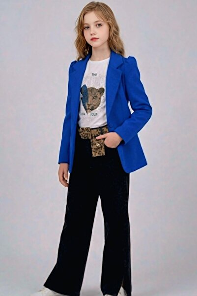 Riccotarz Girl's Leopard Detailed T-Shirt and Slit Wide Leg Denim Pants with ...