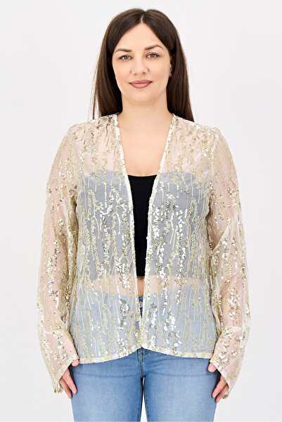 JASON WU Women Embellished Open Front Long Sleeve Blouse, Beige