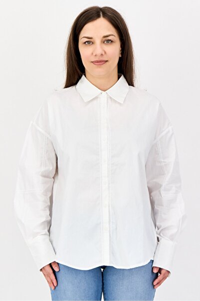 Material Girl قميص نسائي سادة بأكمام طويلة وياقة واسعة، أبيض