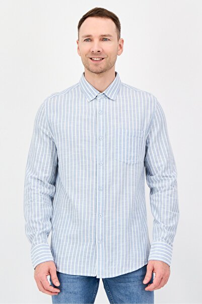 Aeropostale Men Regular Fit Stripe Long Sleeve Casual Shirt, Light Blue