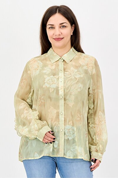 Material Girl Women Spread Collar Long Sleeve Floral Print Shirt, Olive Green