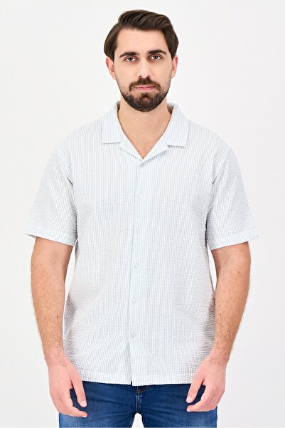 Aeropostale Men Relaxed Fit Stripe Short Sleeve Casual Shirt, Light Blue