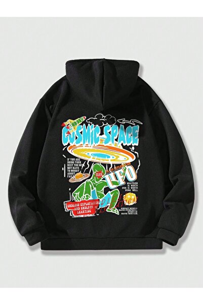 Eritqaa Alien ufo front back printed black oversized hooded zippered sweatshi...