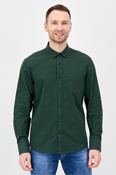 Aeropostale Men Regular Fit Long Sleeve Plain Casual Shirt, Dark Green