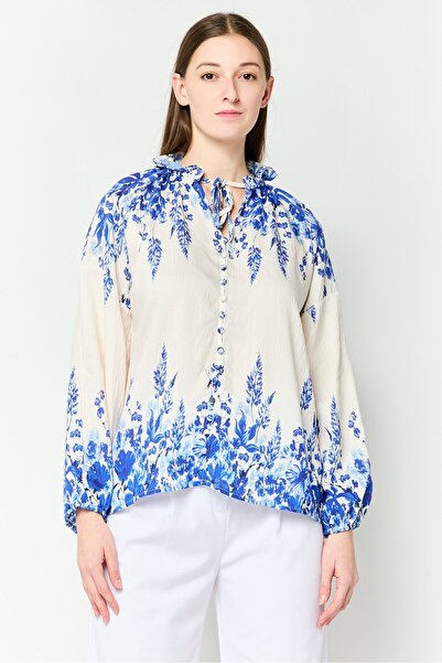 JASON WU Women Tie Neckline Long Sleeve Floral Print Blouse, Multicolor