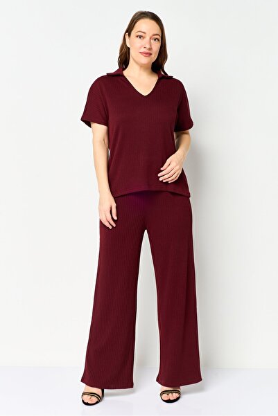 Aeropostale Women 2 Pcs Textured Short Sleeve Blouse And Bottom Set, Maroon