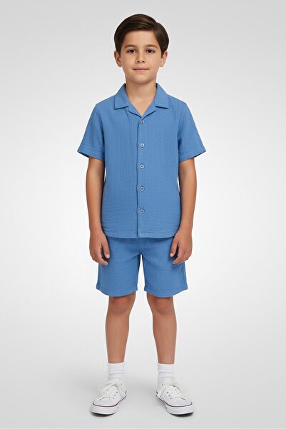 Aeropostale Kids Boy 2 Pieces Plain Casual Shirt And Shorts Set, Blue