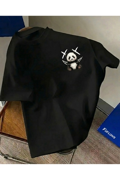 FUFLUNS تي شيرت مطبوع عليه وجه الباندا المبتسم للجنسين، مقاس كبير، برقبة دائر...