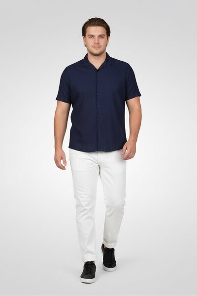 Aeropostale Men Relaxed Fit Textured Short Sleeve Casual Shirt, Navy