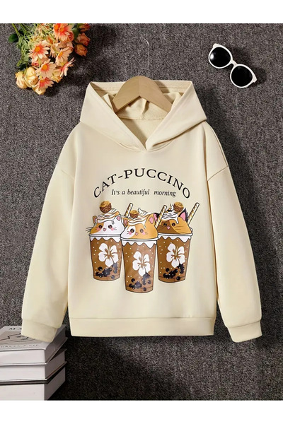 Eritqaa Unisex Sweatshirt – Cat Puccino Digital Printed, Hooded, Casual and S...