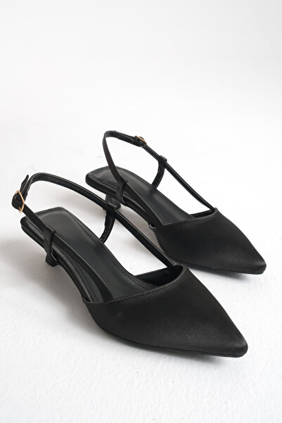 Bak Store Pantofi de damă cu toc scurt de 3 cm din satin negru cu vârf ascuțit