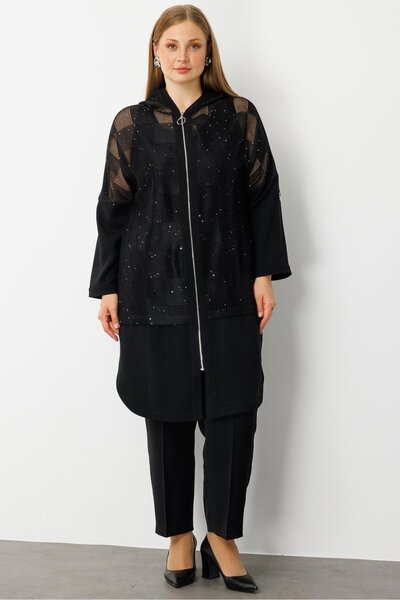 Moda İlgi Gildá Hooded Cap with Sequin Mesh Detail and Sleeve Patches, Black