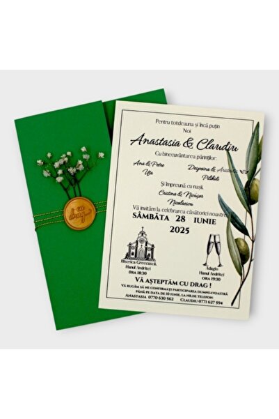 Fabricacucadouri.ro pachet 50 Invitație Nuntă cu Plic Verde Intens, Sigiliu A...