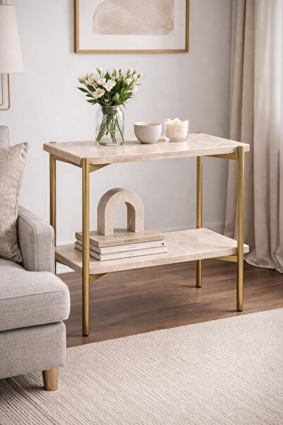 zekmar home stone Traverten 2 Katlı Yan sehpa Mat Gold Ayak Detaylı