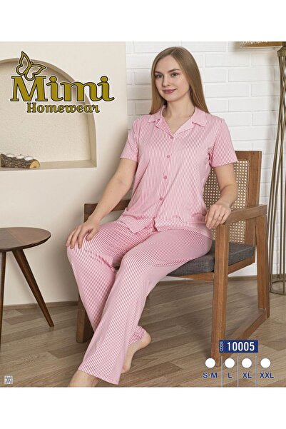 Mimi Homewear طقم بيجامة مريح باللون الأبيض مخطط الوردي