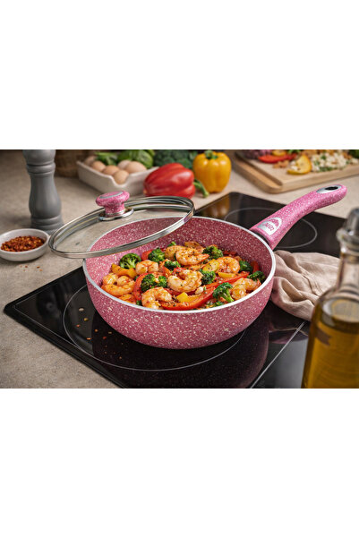 Wellberg Tigaie Shimmer, interior teflon marmorat antiaderent, cu capac, 24 c...