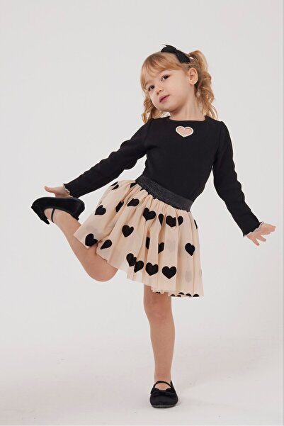 COLORED BABY طقم تنورة للفتيات بتفاصيل قلب أسود مكون من تول قطع